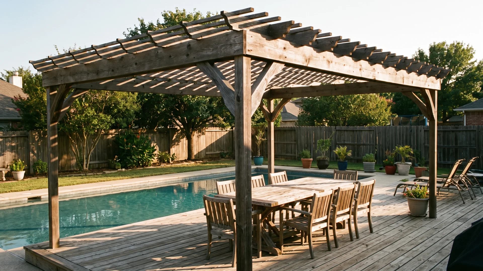 Wood pergola aligned across the short end of a rectangular pool