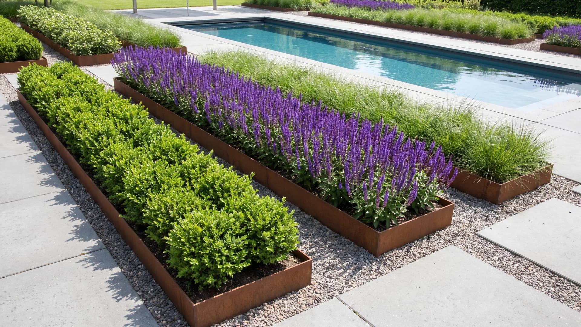 Rectangular boxwood beds echoing the geometry beside a rectangle pool