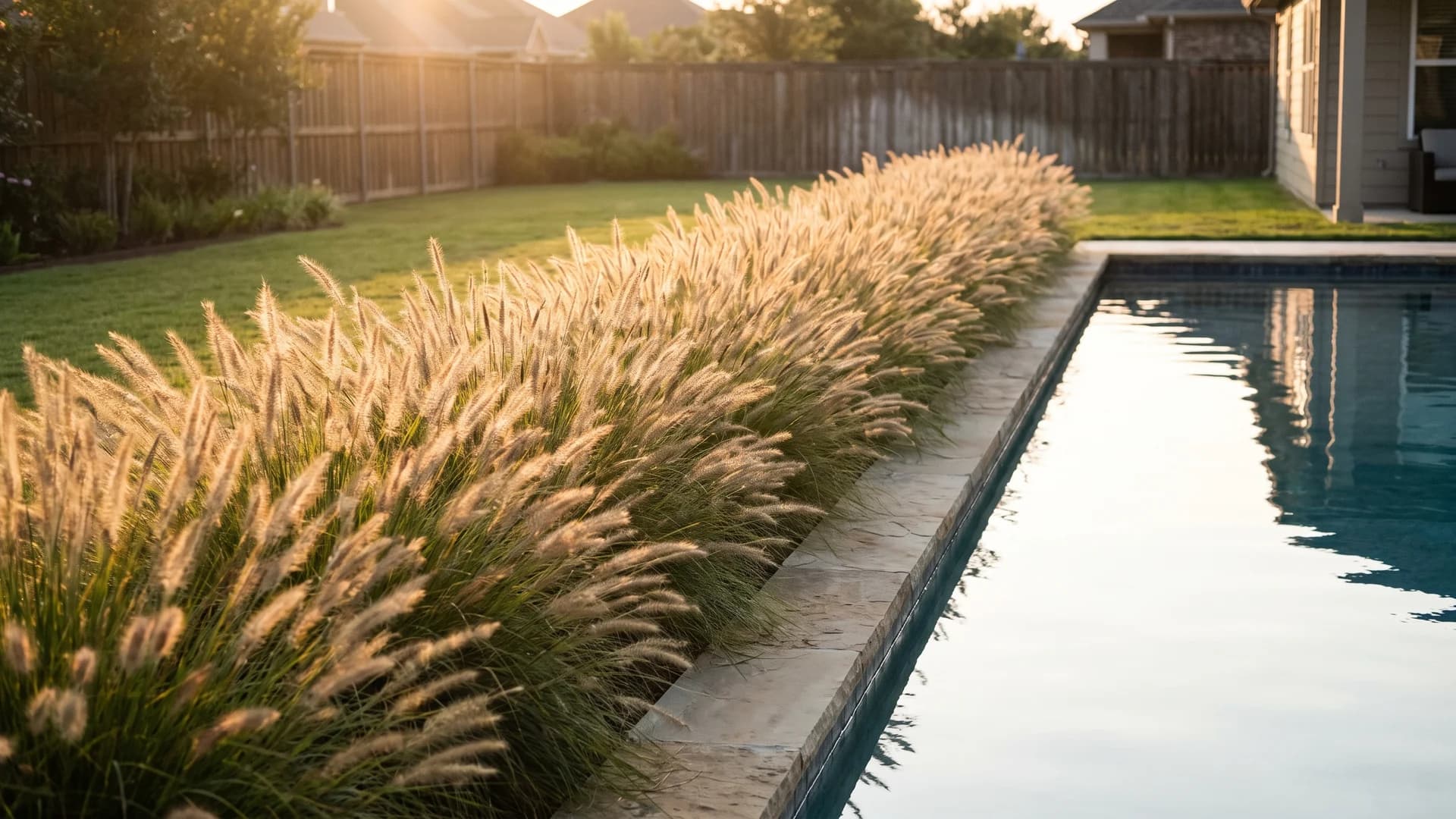 Fountain grass ribbon planted along one edge of a rectangular pool