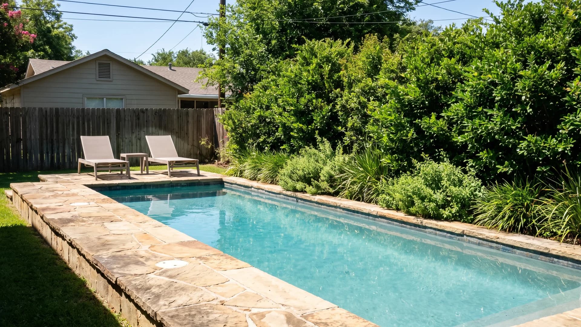 Rectangle pool with stone deck on one side and green planted border on the other