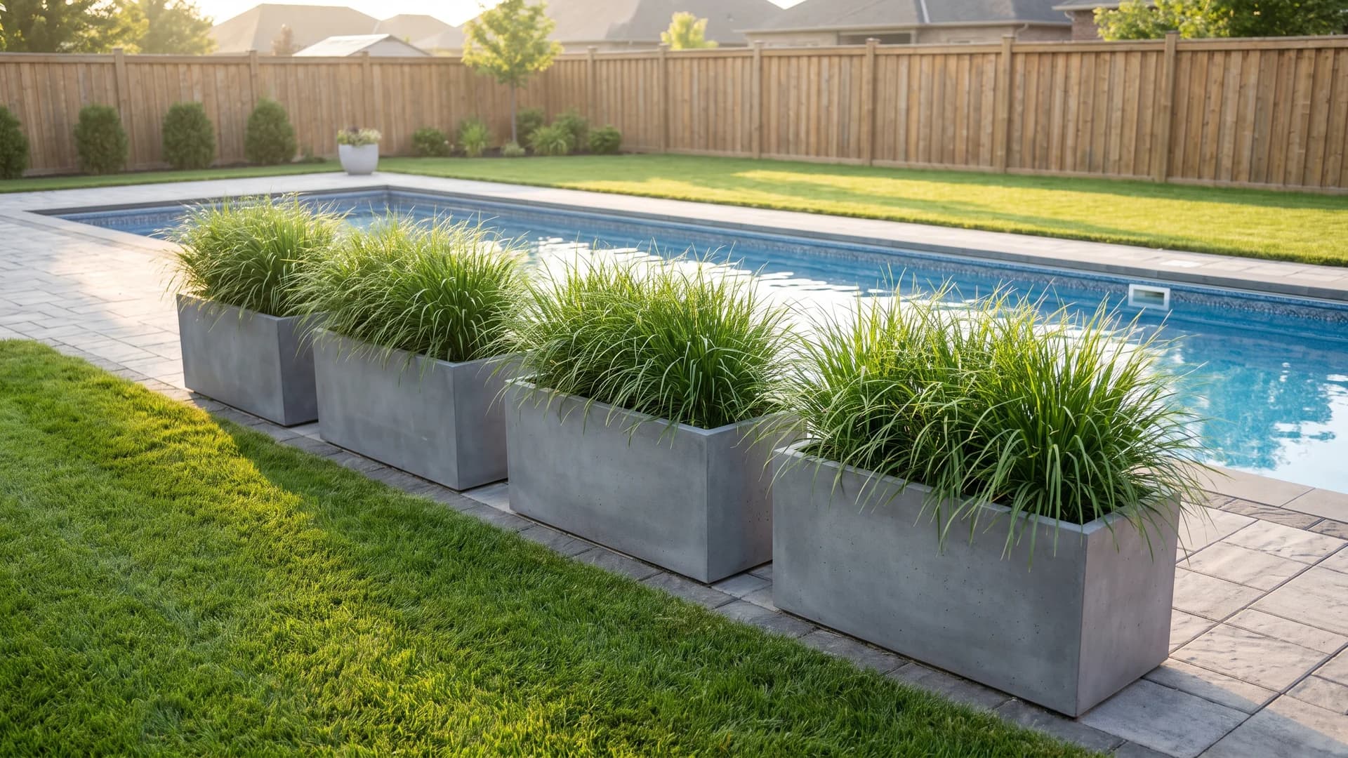 Rectangular pool landscaping ideas with a row of matching planters along one side of a rectangle pool