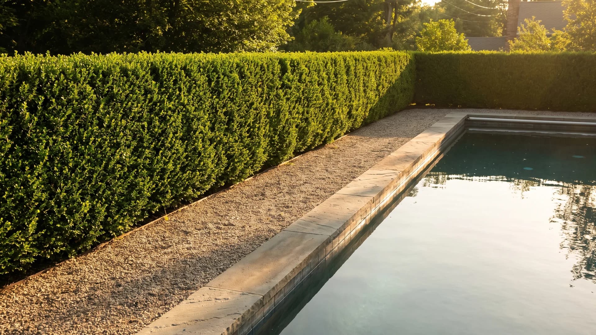 Formal boxwood hedge wall running parallel to a rectangular pool