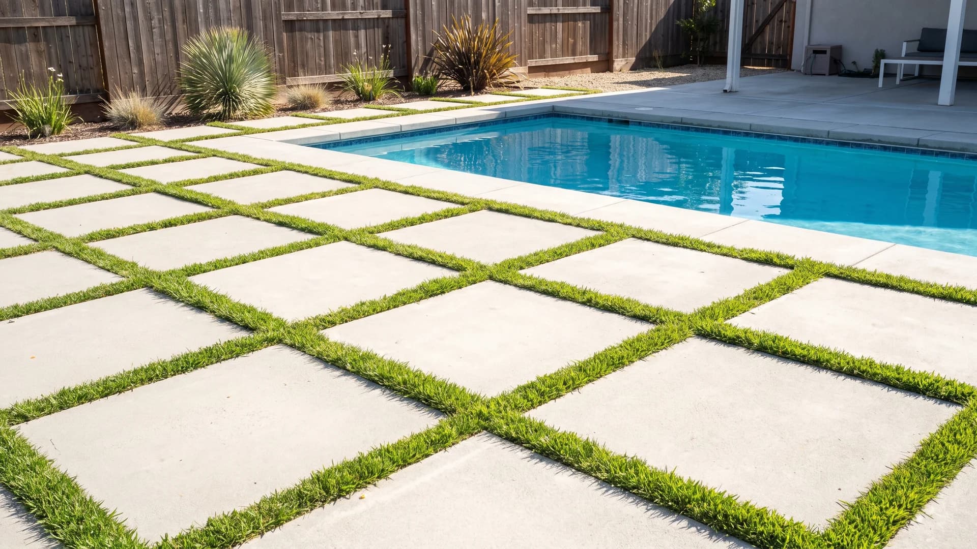 Large square pavers with grass joints forming a grid beside a rectangle pool