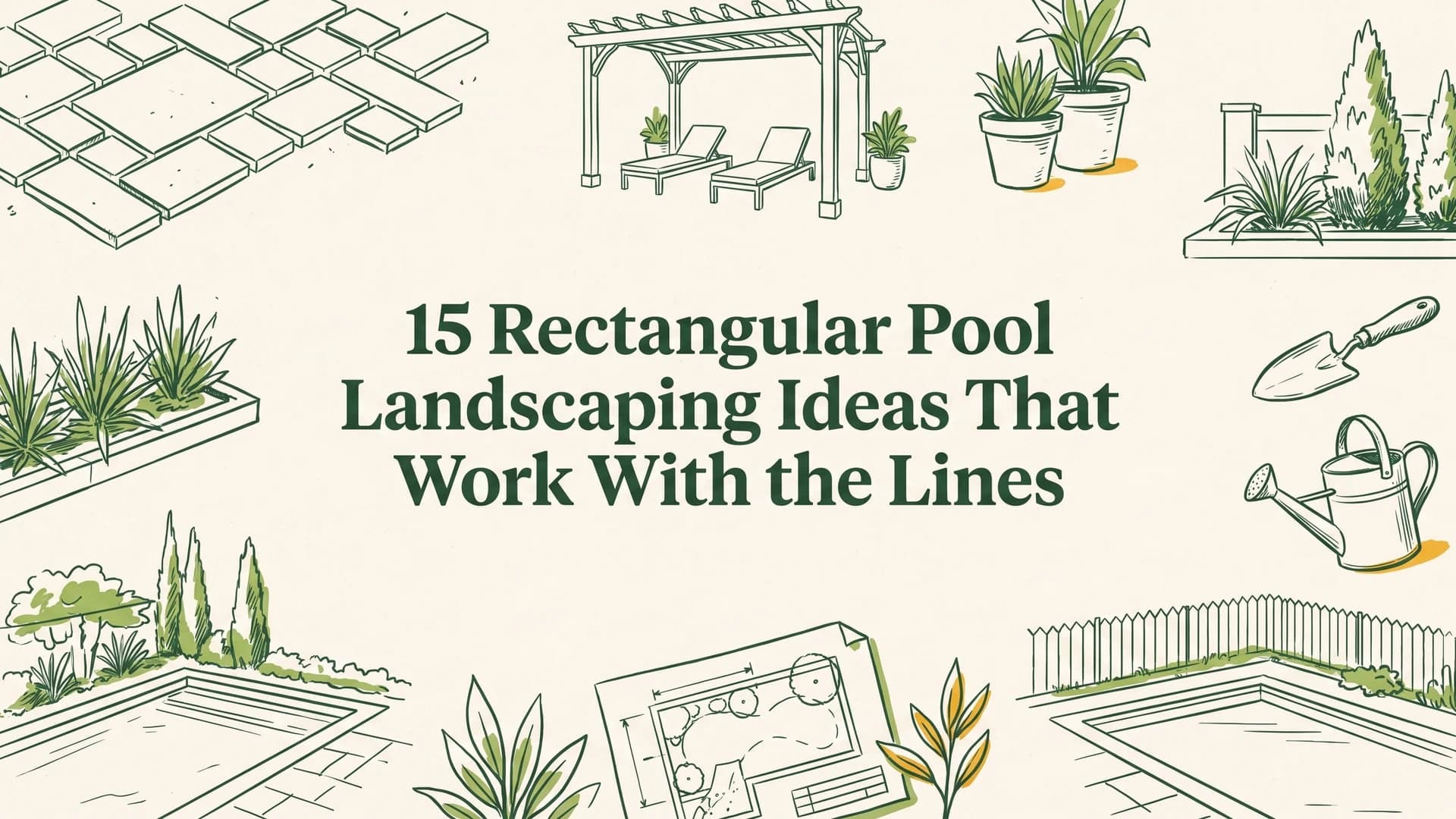 Rectangular pool landscaping ideas with hedge walls, paver deck, and symmetric planters around a rectangle pool