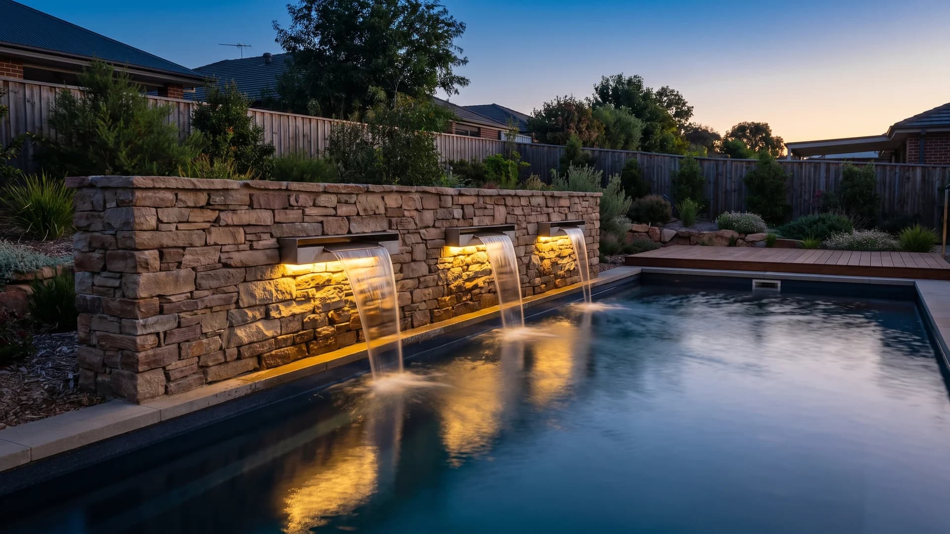 Sheer descent water wall flowing into the far side of a rectangular pool at dusk