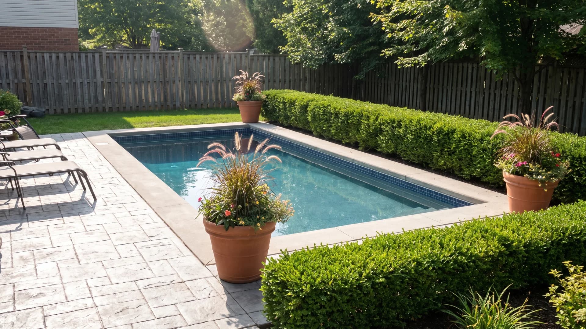 Compact 12 by 24 rectangular pool tightly landscaped in a small suburban backyard