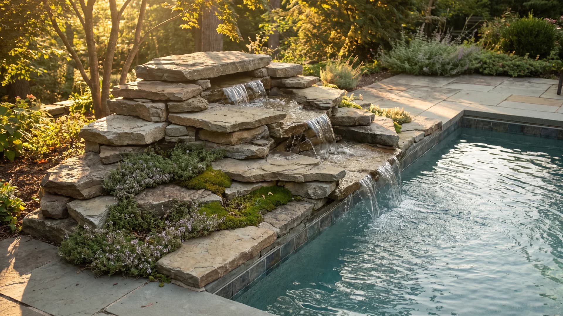 Stacked stone waterfall corner feature at the end of a rectangular pool