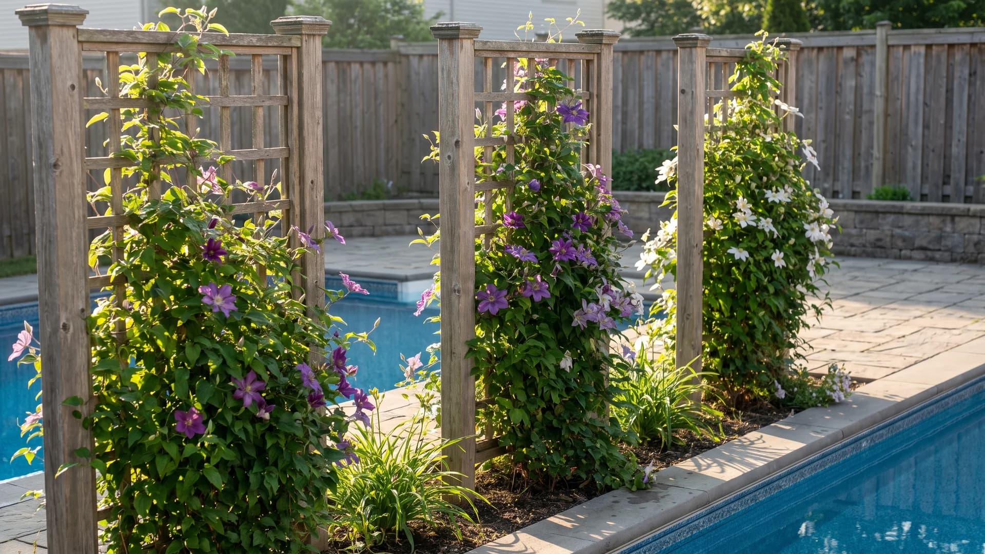 Trellis panels with climbing clematis screening a rectangular pool area