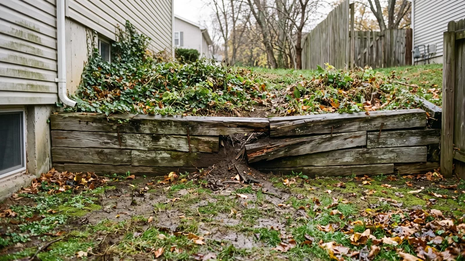 An old wooden retaining wall of weathered gray timbers bowing outward in the middle, with soil spilling through a gap after rain