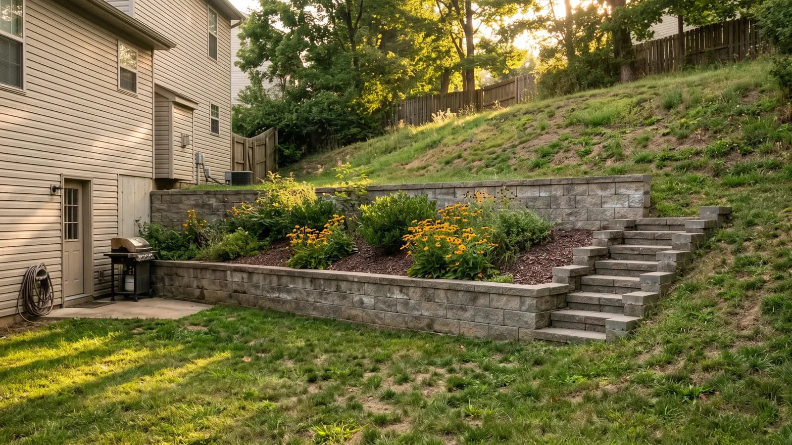 Two low gray concrete block retaining walls terracing a steep backyard hillside, with a planting bed of shrubs and black-eyed Susans between them and block steps on the side