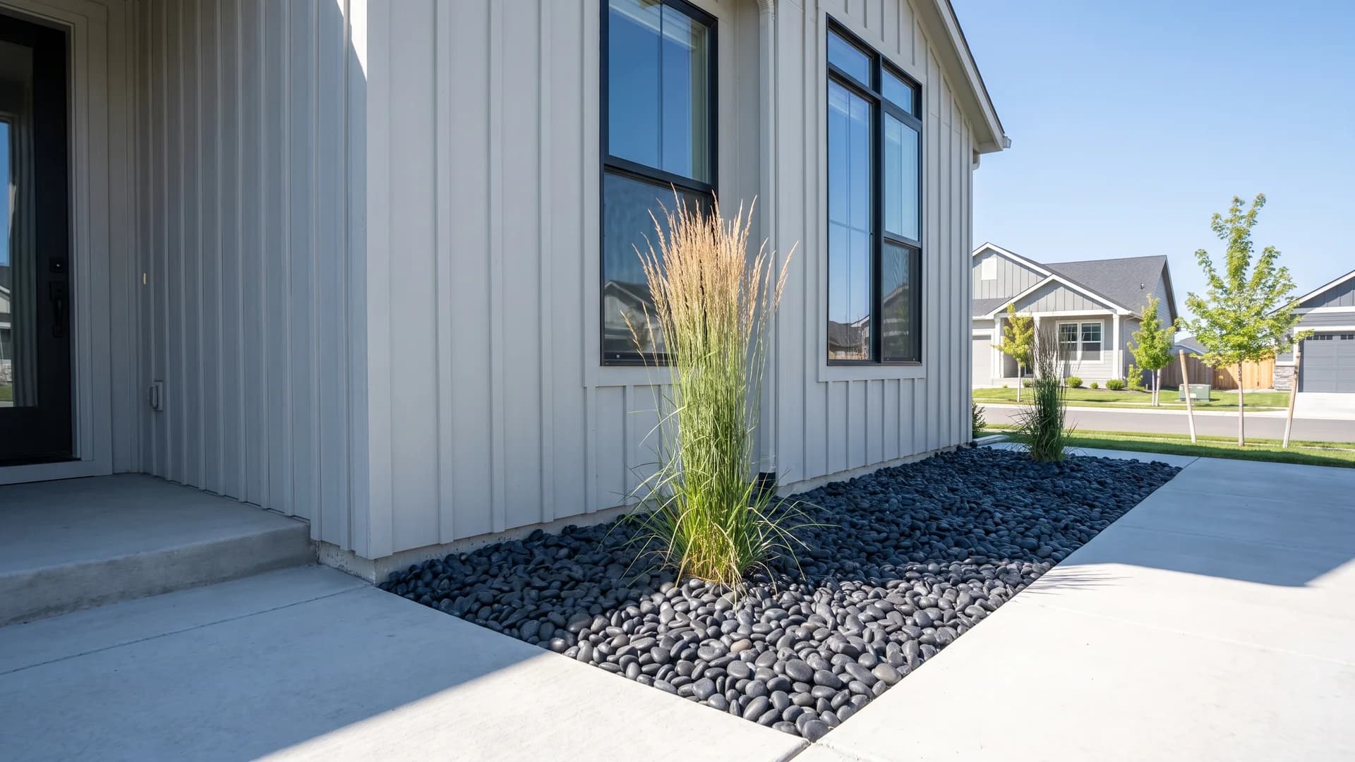 Black Mexican beach pebble bed against pale gray siding on a modern house
