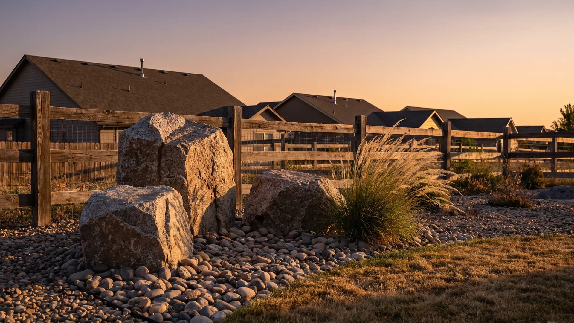 Three granite boulders grouped in a river rock field with ornamental grass