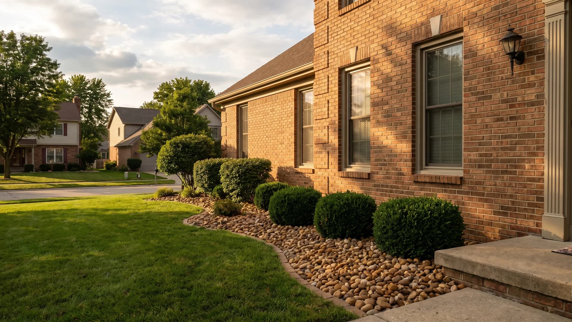 Brown and tan river rock bed in front of a brick house with foundation shrubs