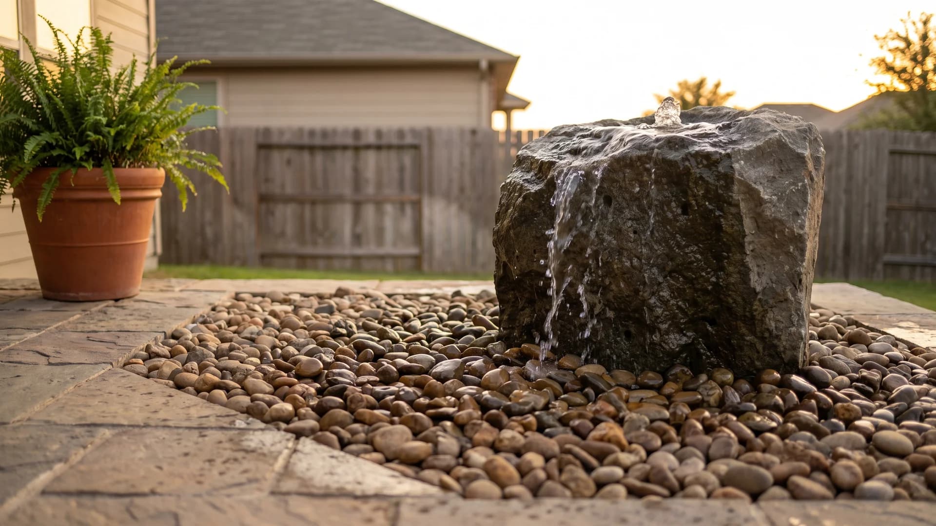 Drilled stone bubbler fountain set in a basin of river rock beside a patio