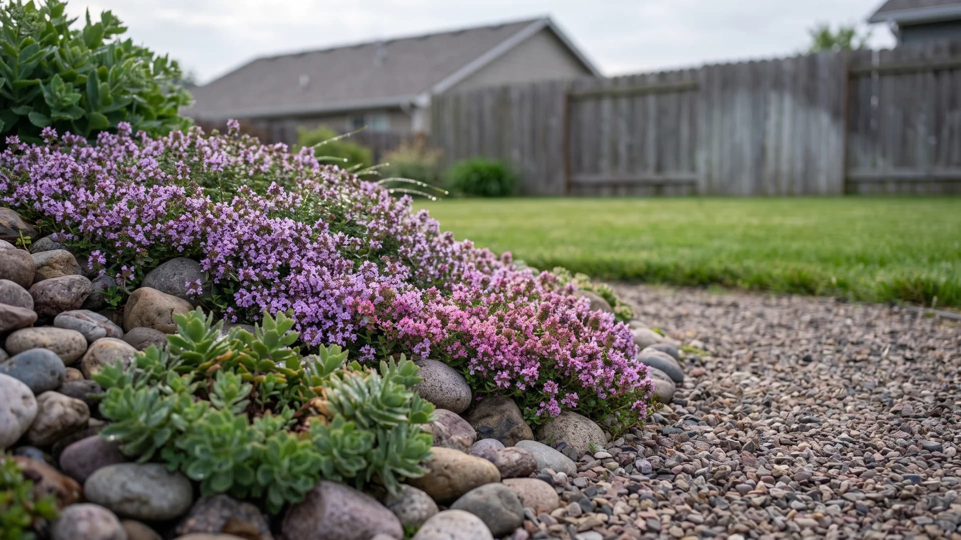 Creeping thyme spilling over the edge of a river rock bed onto a path