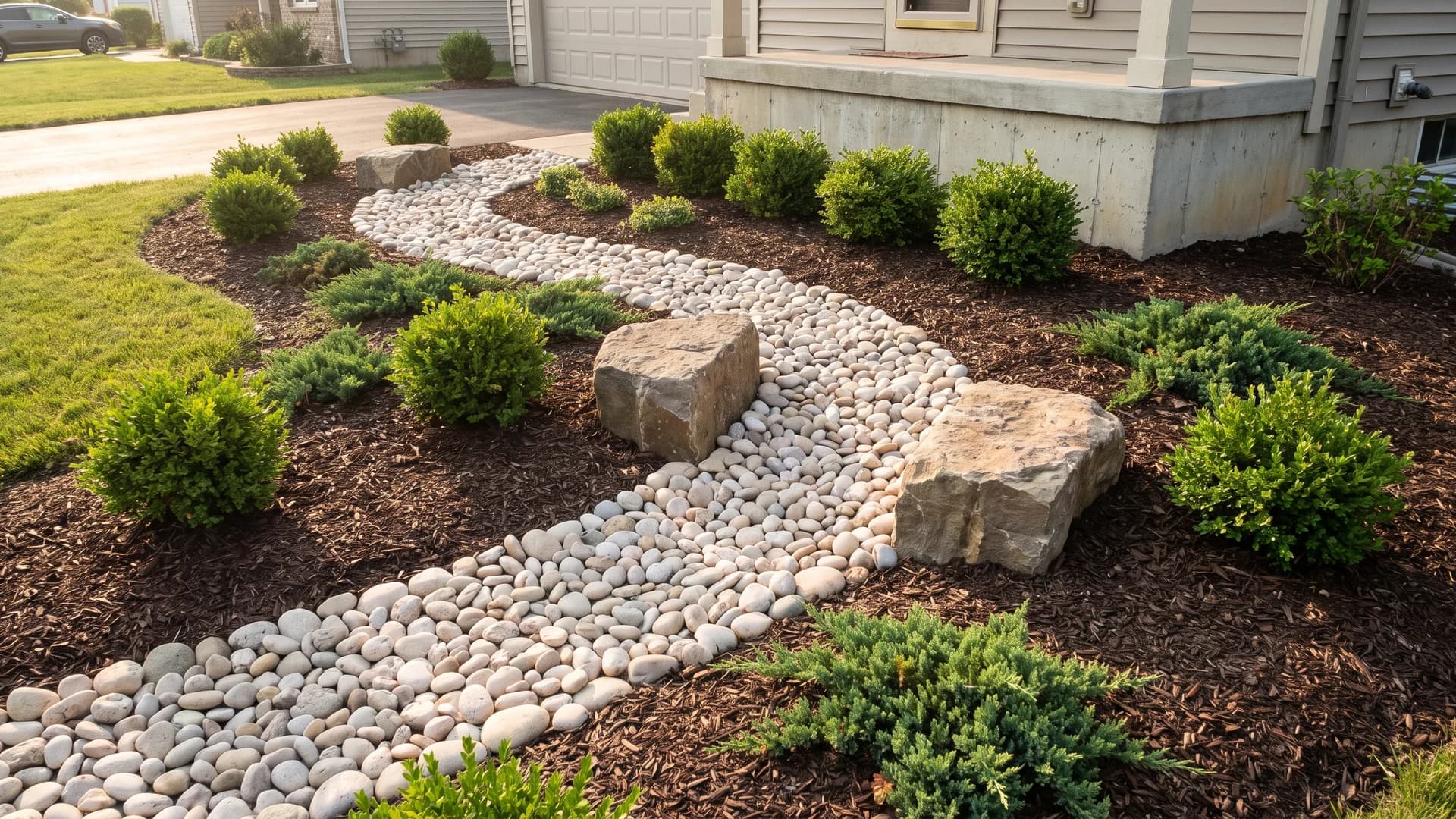 Pale river rock ribbon winding between shrubs inside a planting bed