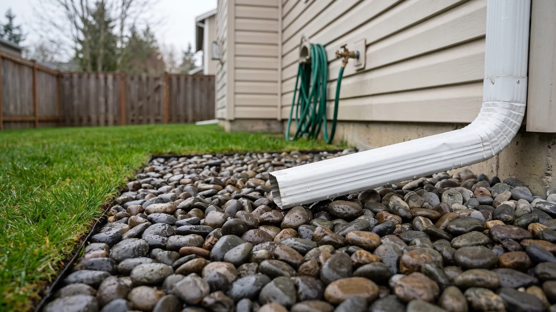 River rock apron under a downspout where the extension discharges onto stone