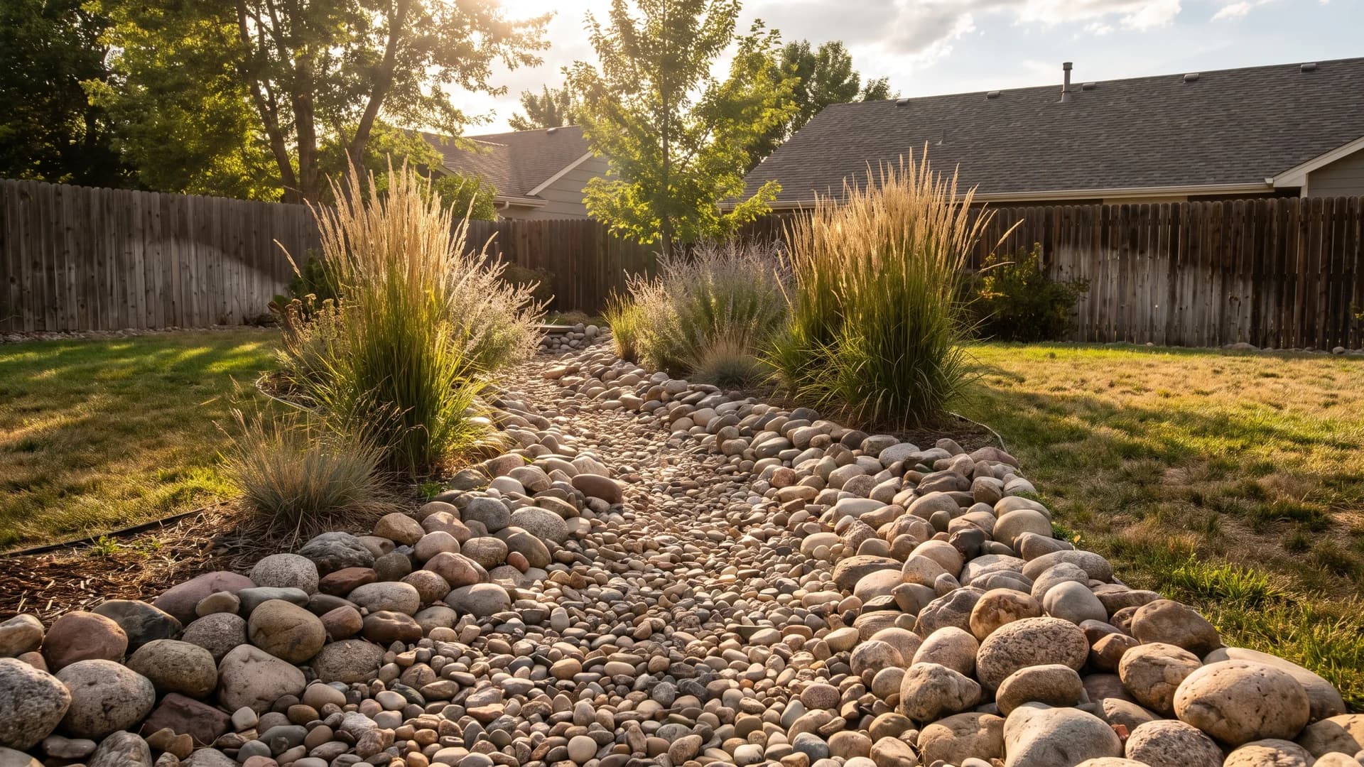 Curving dry stream of mixed river rock running across a suburban back lawn