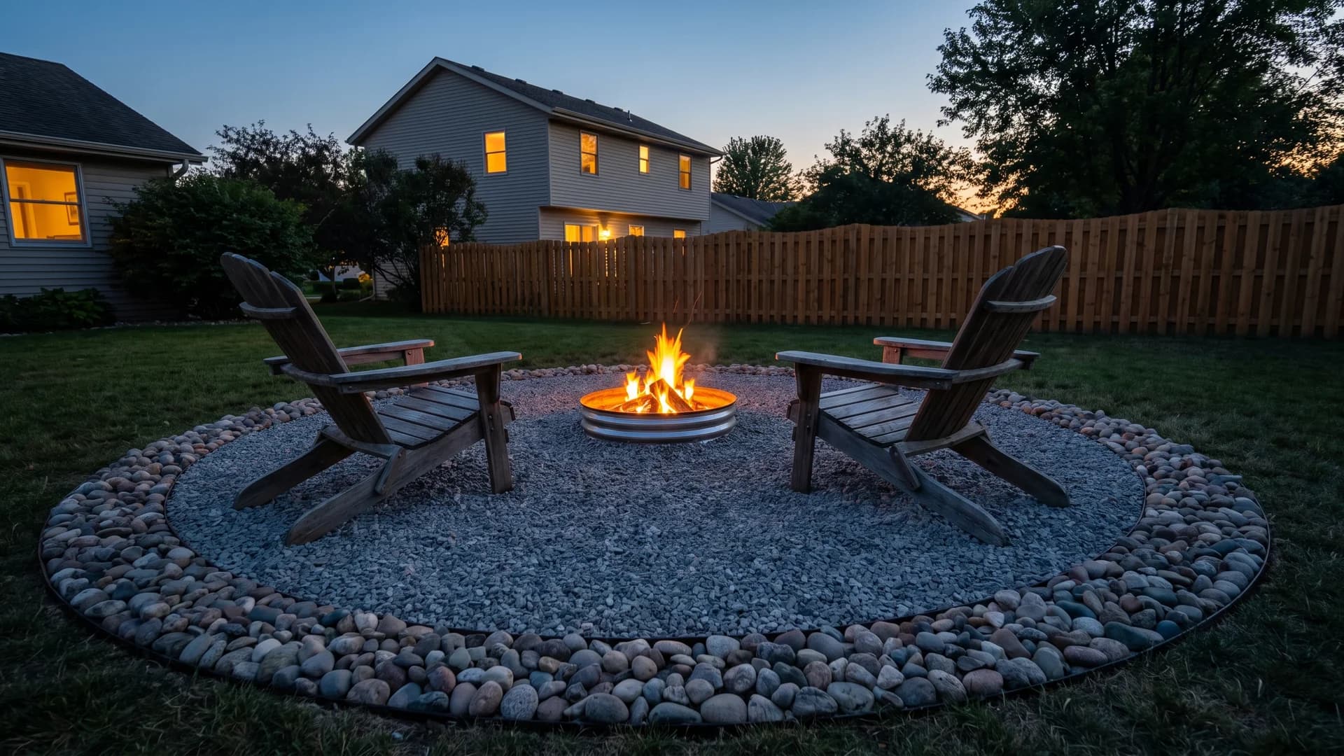 Fire pit ringed by a compacted gravel floor with a river rock outer band