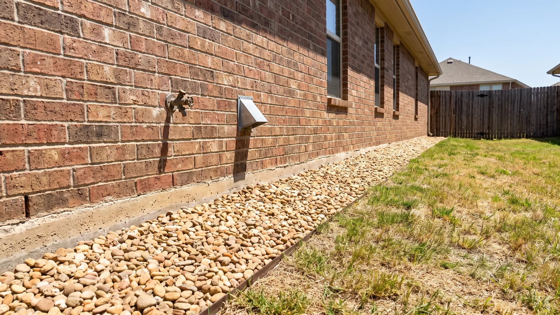 Narrow river rock strip running along a house foundation under the siding