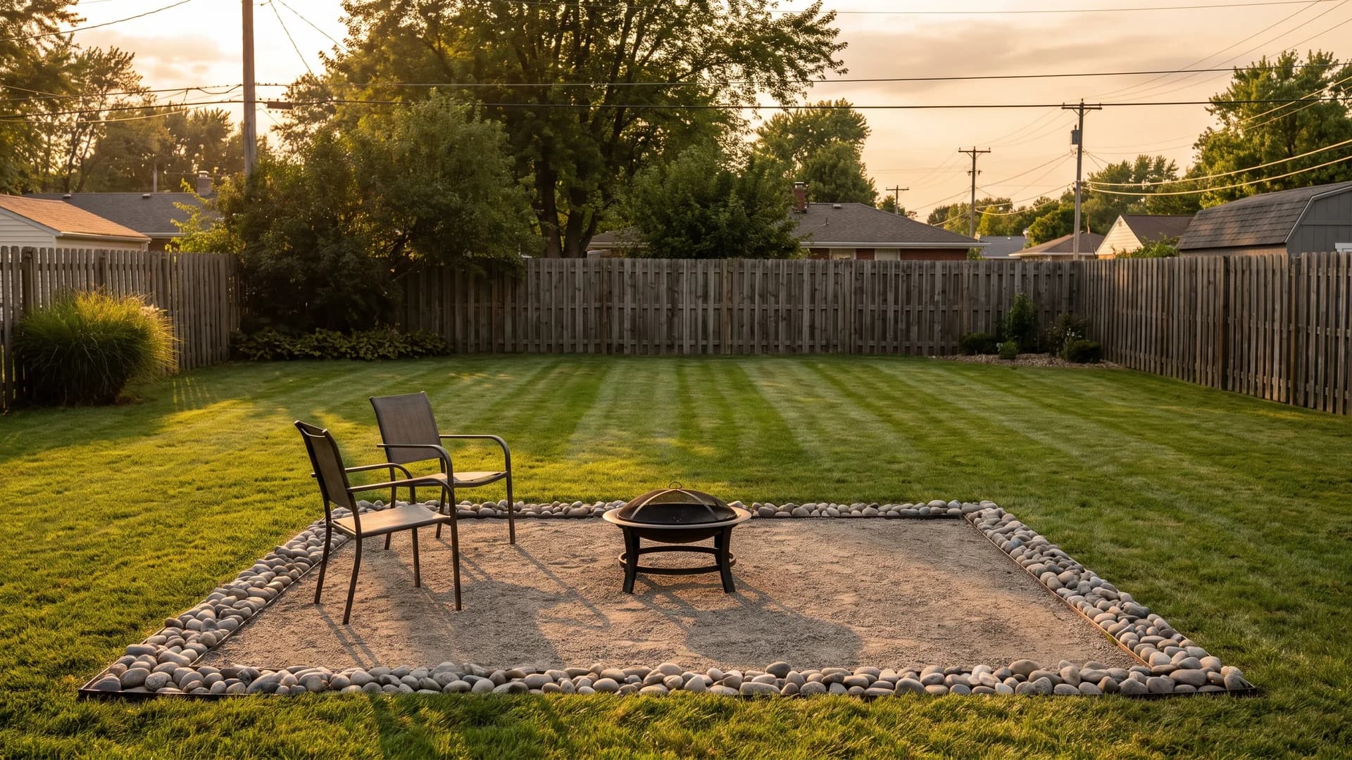 Compacted gravel seating pad with two chairs and a river rock border in a backyard