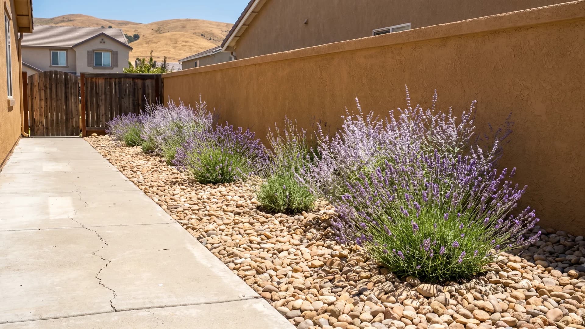 Lavender and Russian sage growing in a tan river rock bed beside a walkway