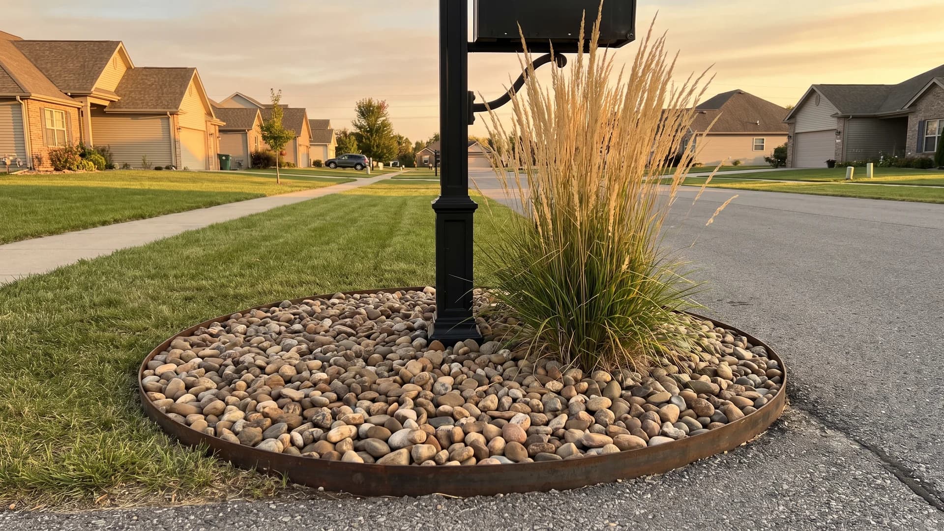 Circular river rock bed around a mailbox post with one ornamental grass