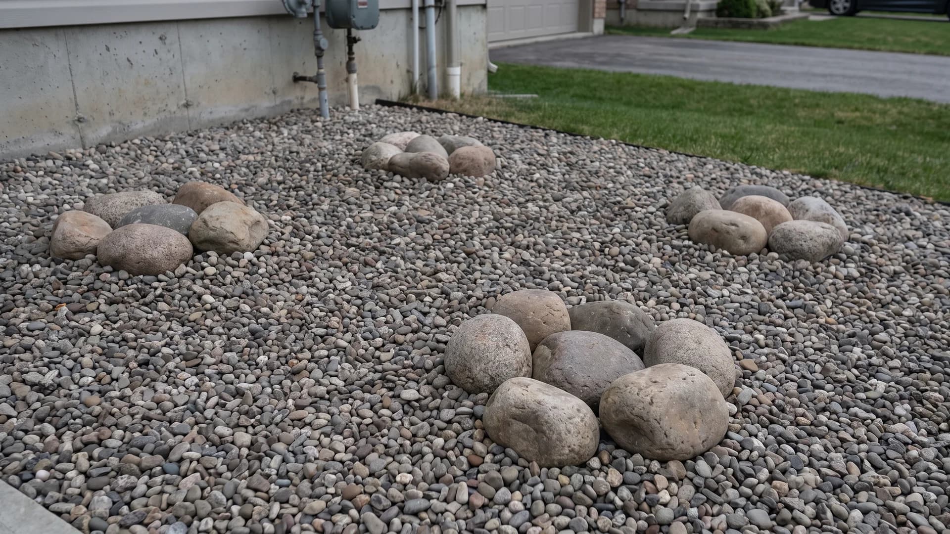 River rock bed mixing small base stone with scattered larger cobbles
