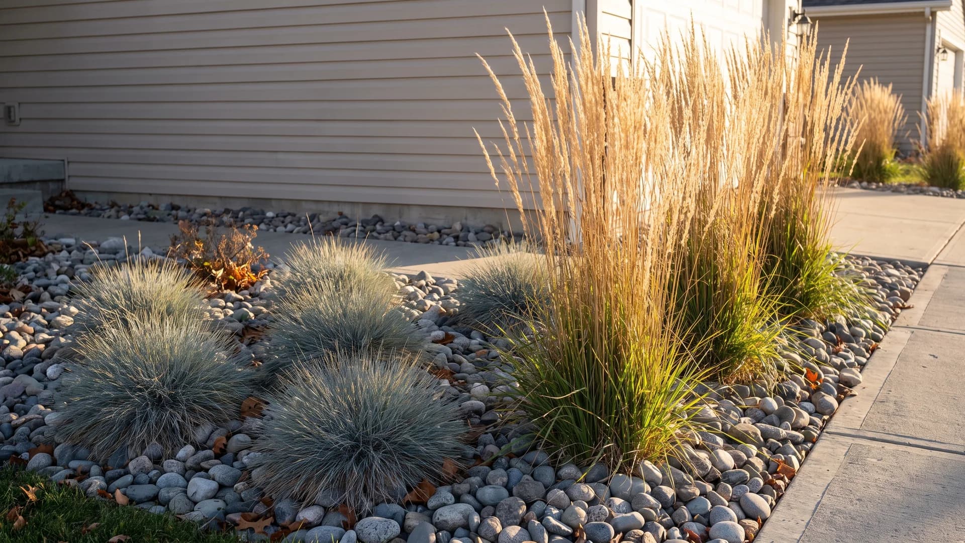 Feather reed grass and blue fescue planted in a gray river rock bed