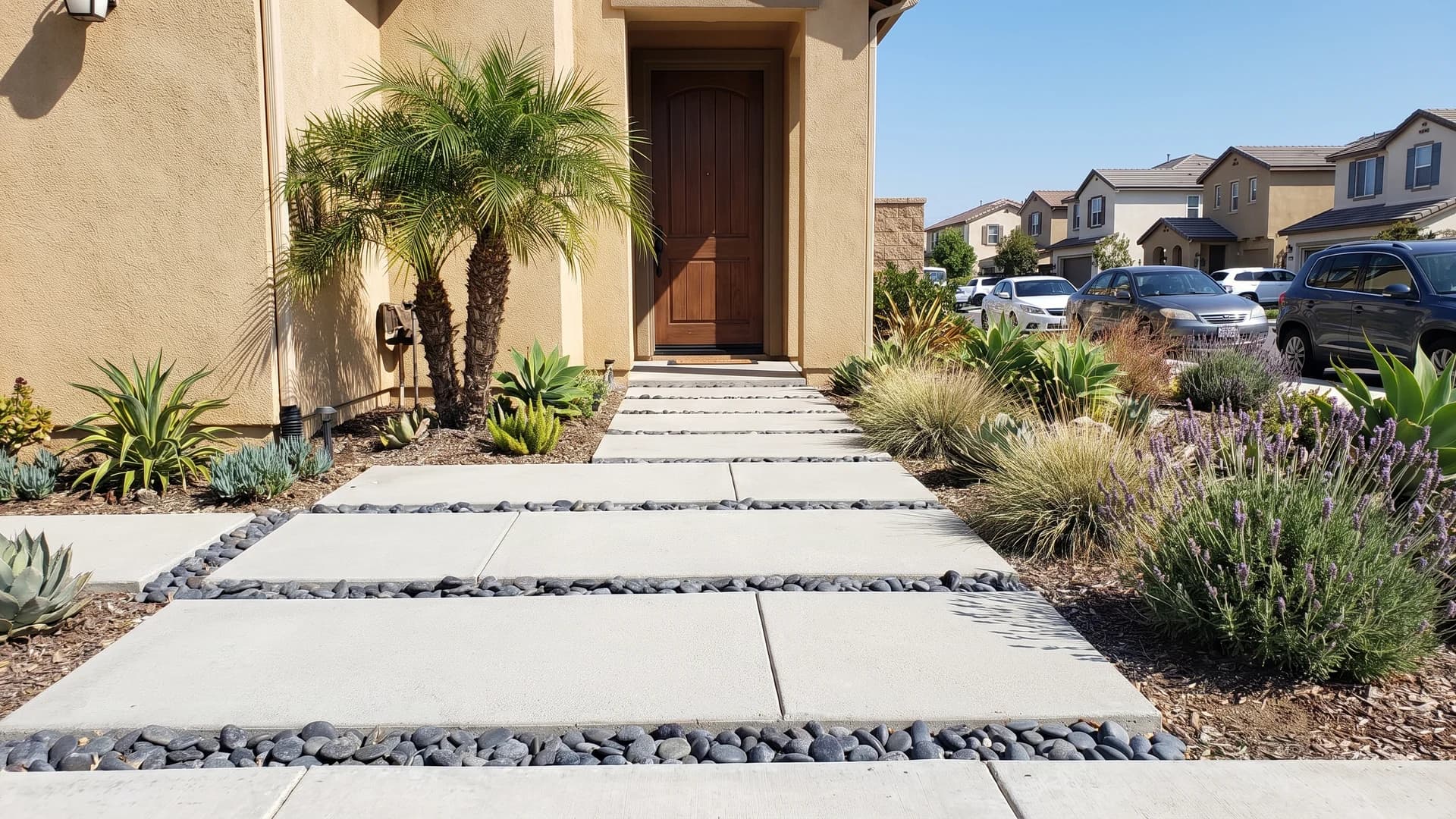Front walkway of large format pavers with dark river rock bands between them