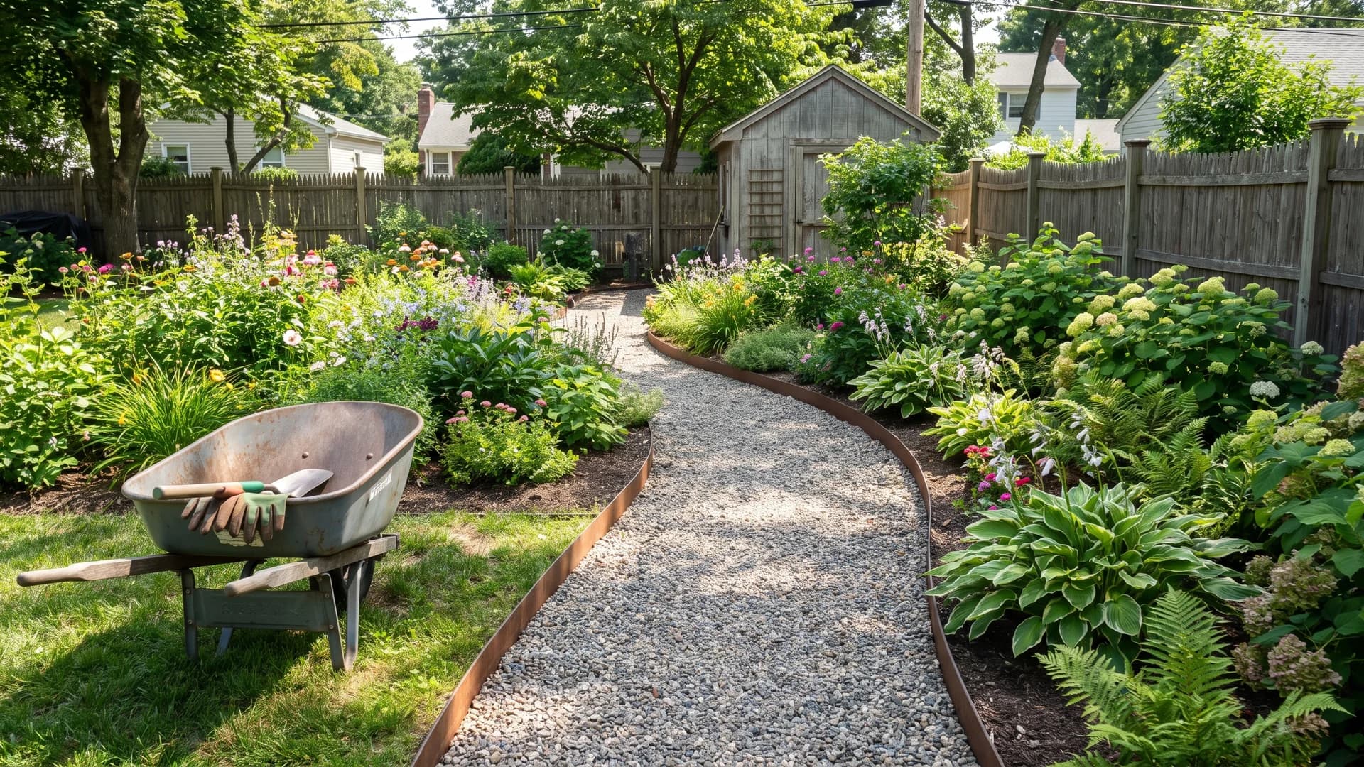 Pea gravel path curving between garden beds with steel edging on both sides