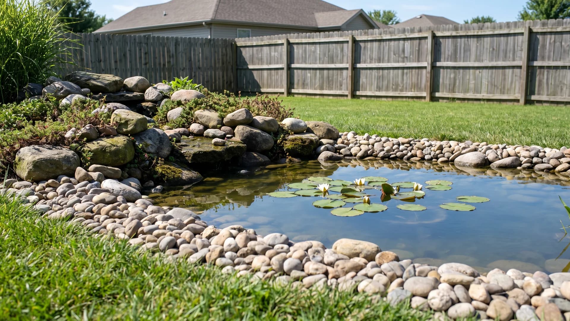 River rock edging around a small backyard pond with larger cobbles behind