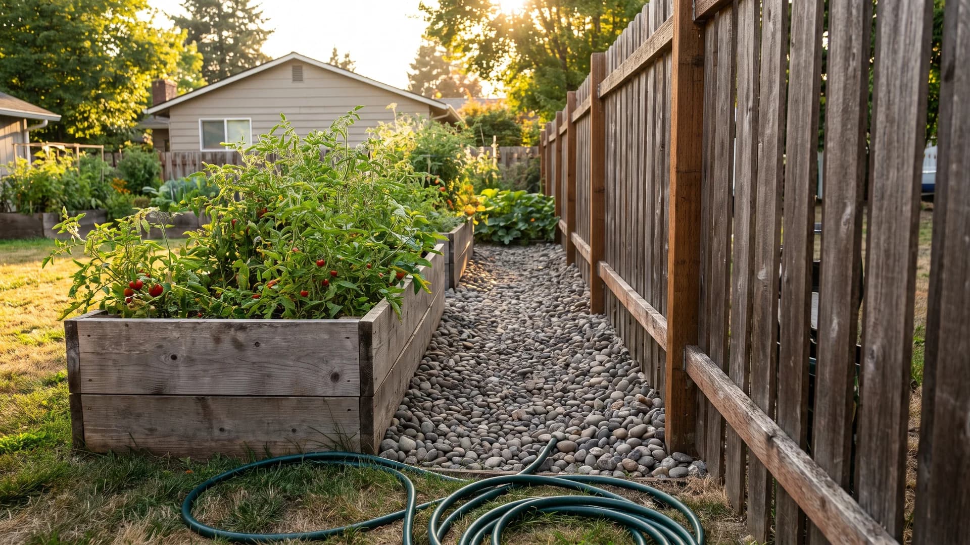 River rock filling the narrow gap between a cedar raised bed and a wooden fence