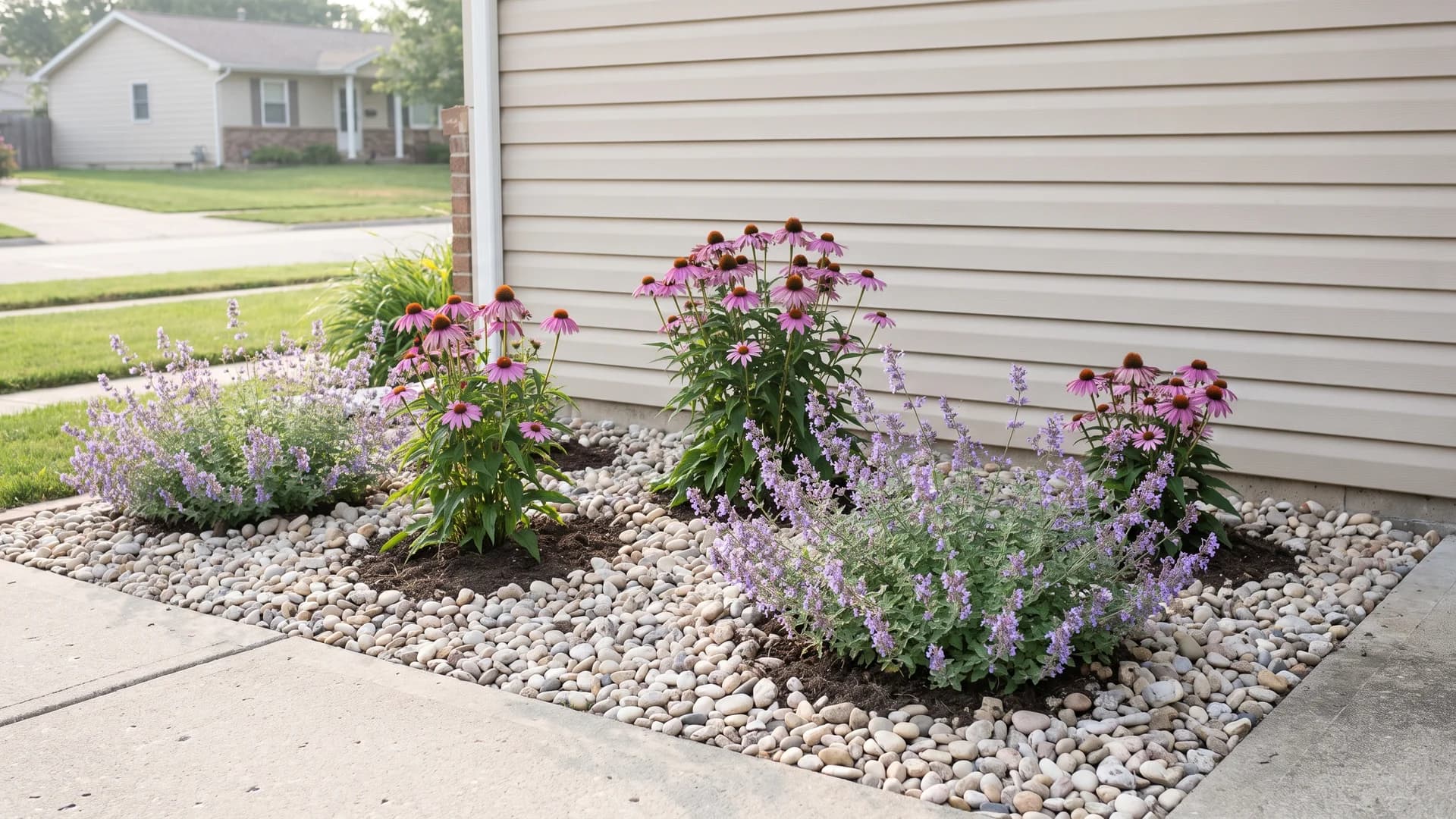 Coneflower and catmint planted in a bed mulched with pale river rock
