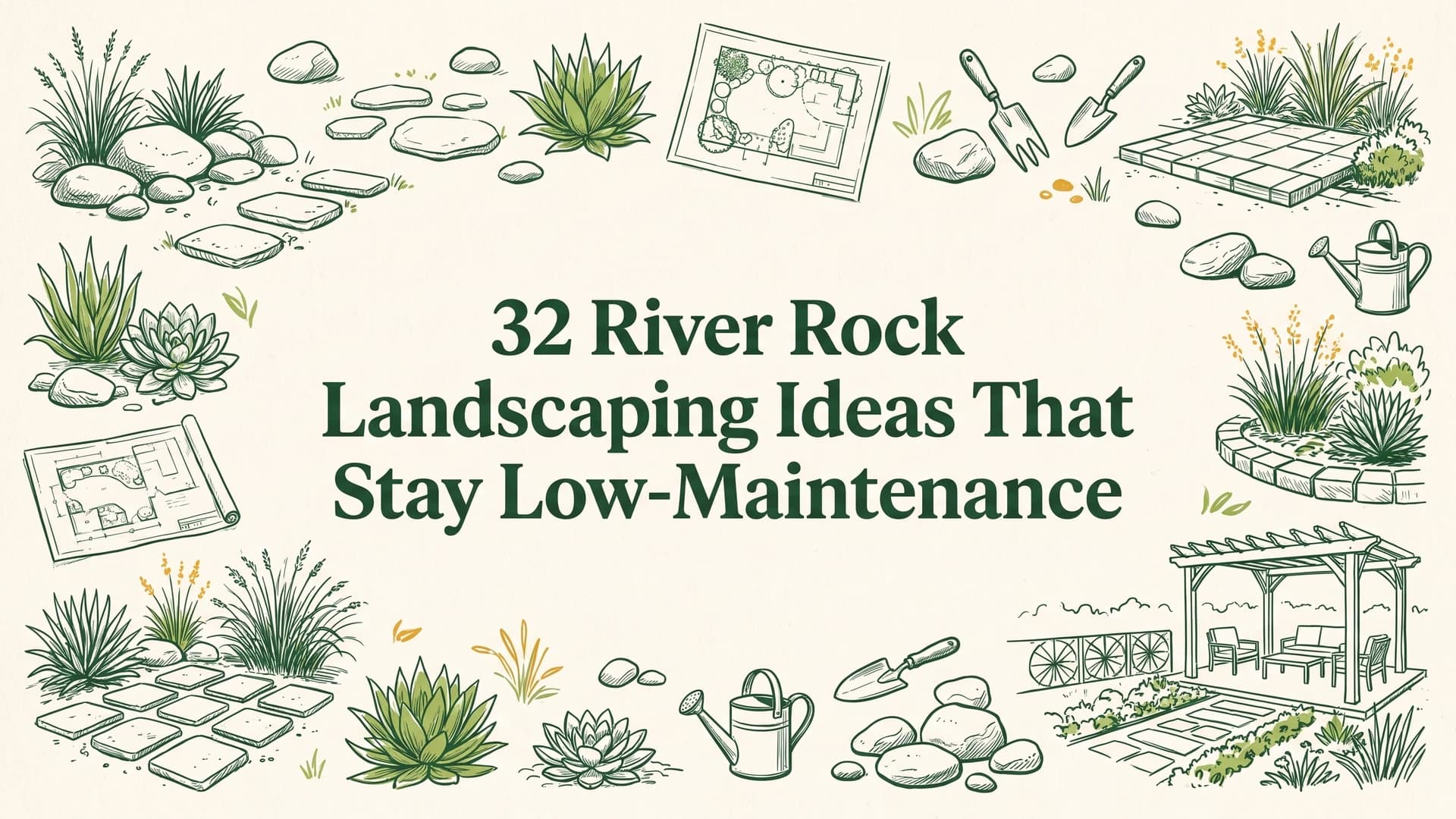 River rock landscaping ideas with a stone border bed, gravel path, and downspout splash apron in a front yard