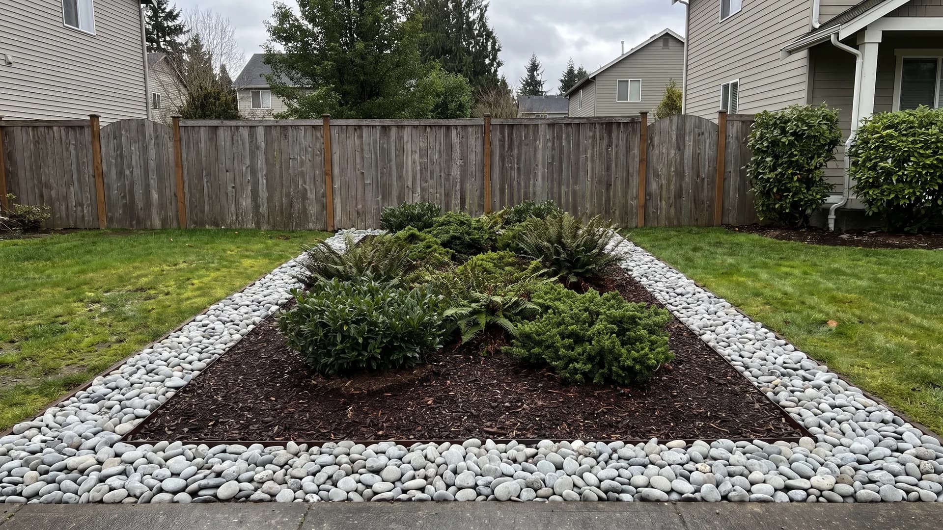 Planting bed with a river rock outer band and dark bark mulch around the shrubs
