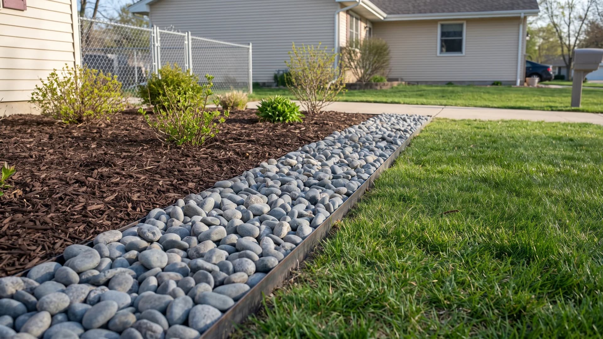 River rock landscaping ideas with a clean stone band separating lawn from a shrub bed