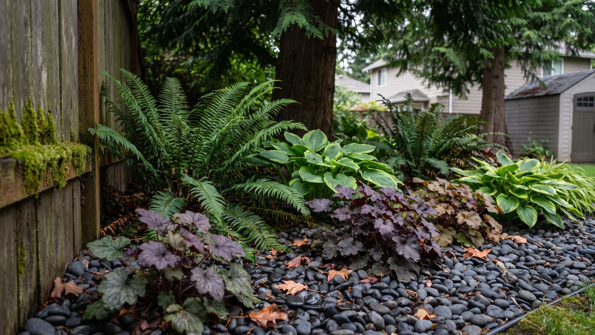 Ferns and hostas planted in a dark river rock bed under tree shade