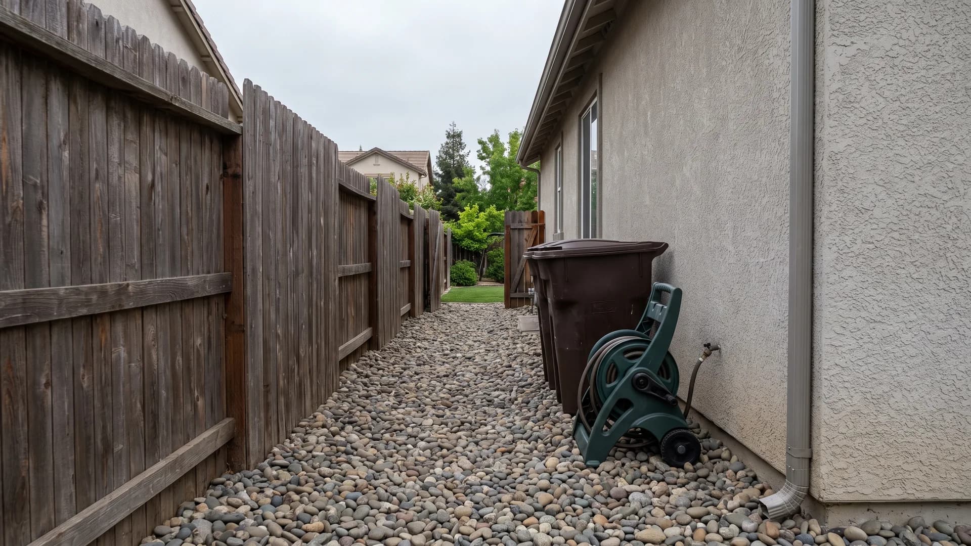 Narrow side yard filled with river rock between the house wall and a fence