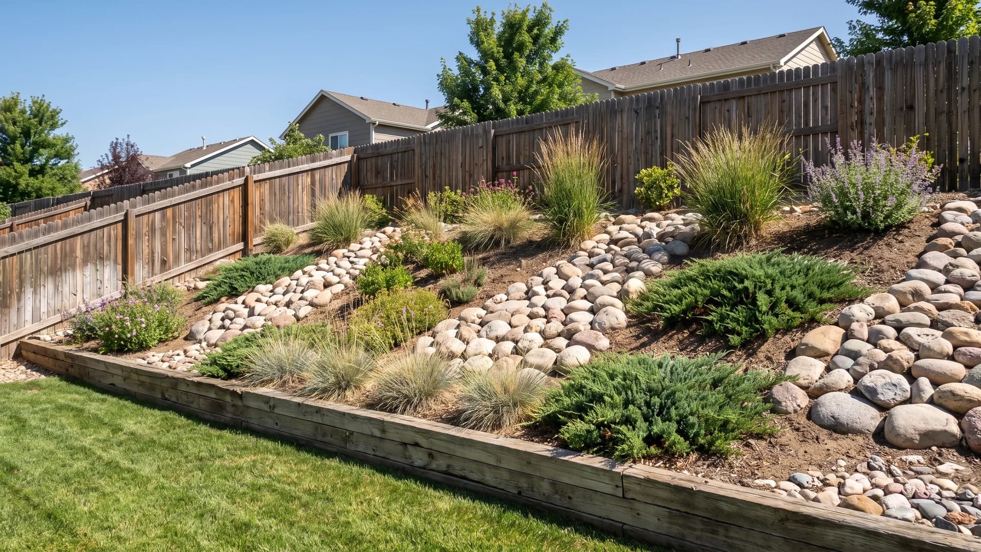 Larger river rock cobbles set into a sloped bank with plantings between them