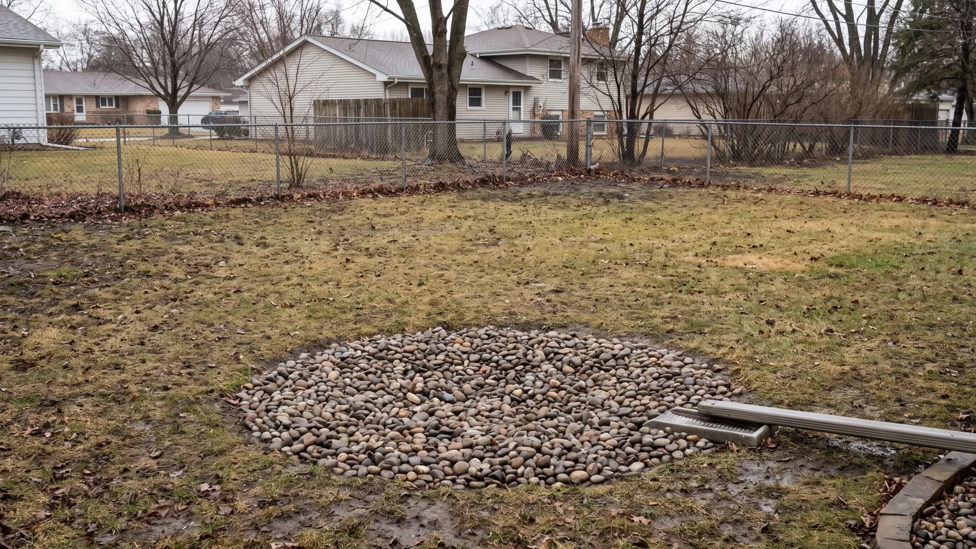 River rock filling a low wet spot in a lawn where grass has died out