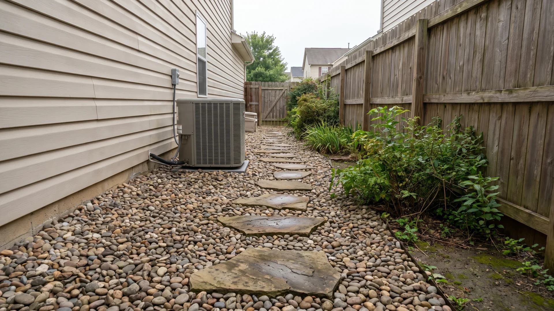 Flagstone steppers set into a field of one-inch river rock crossing a side yard
