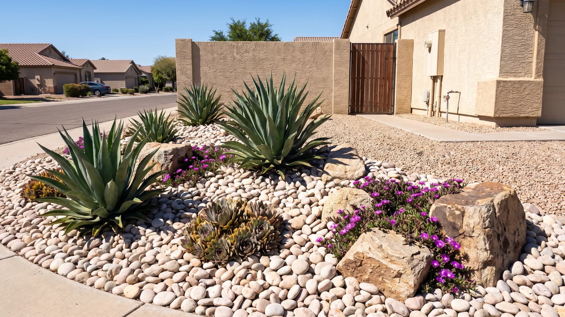 Agave and hens and chicks planted in a mounded pale river rock bed in a desert yard