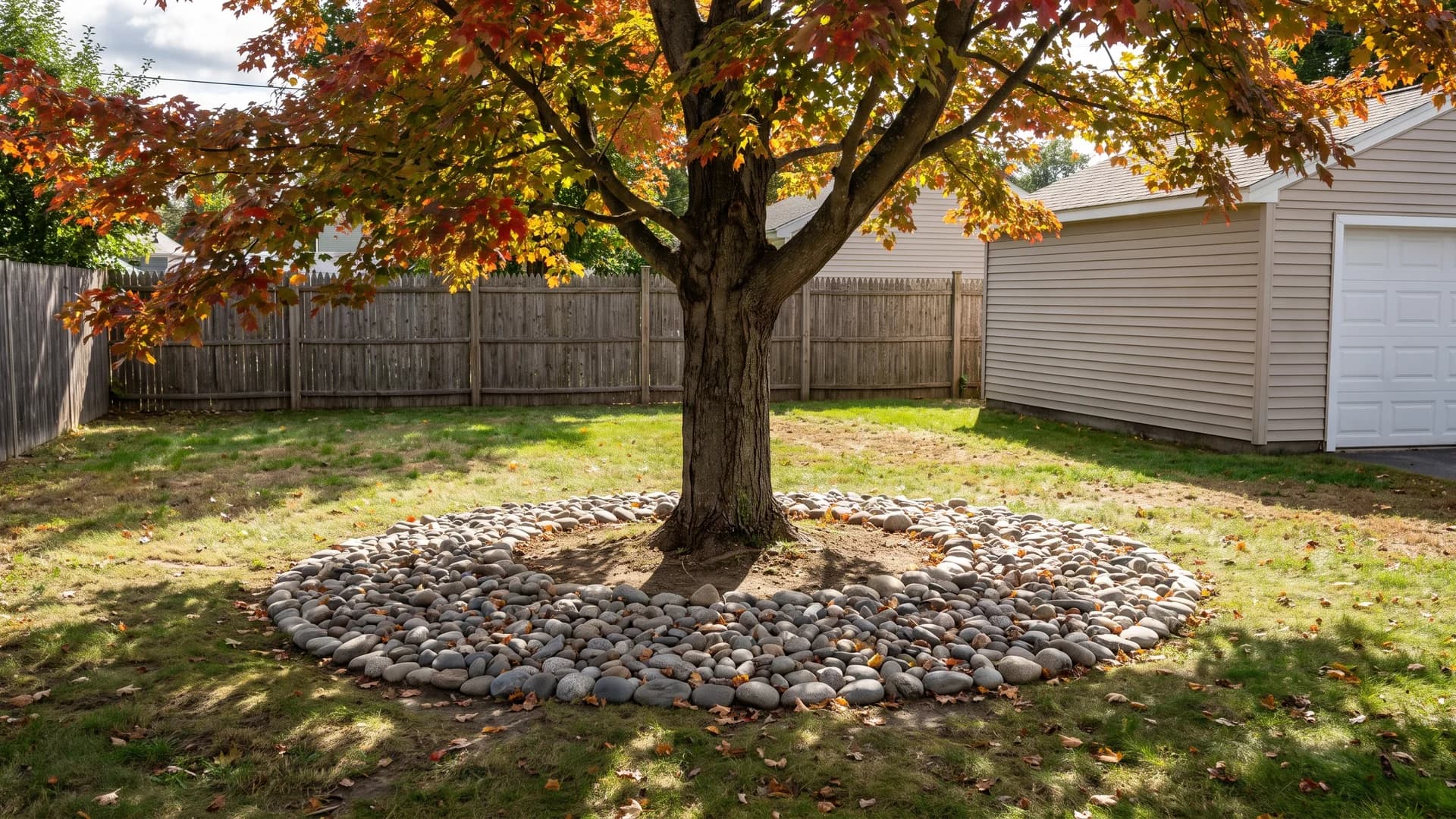 Wide shallow river rock ring around the base of a mature shade tree