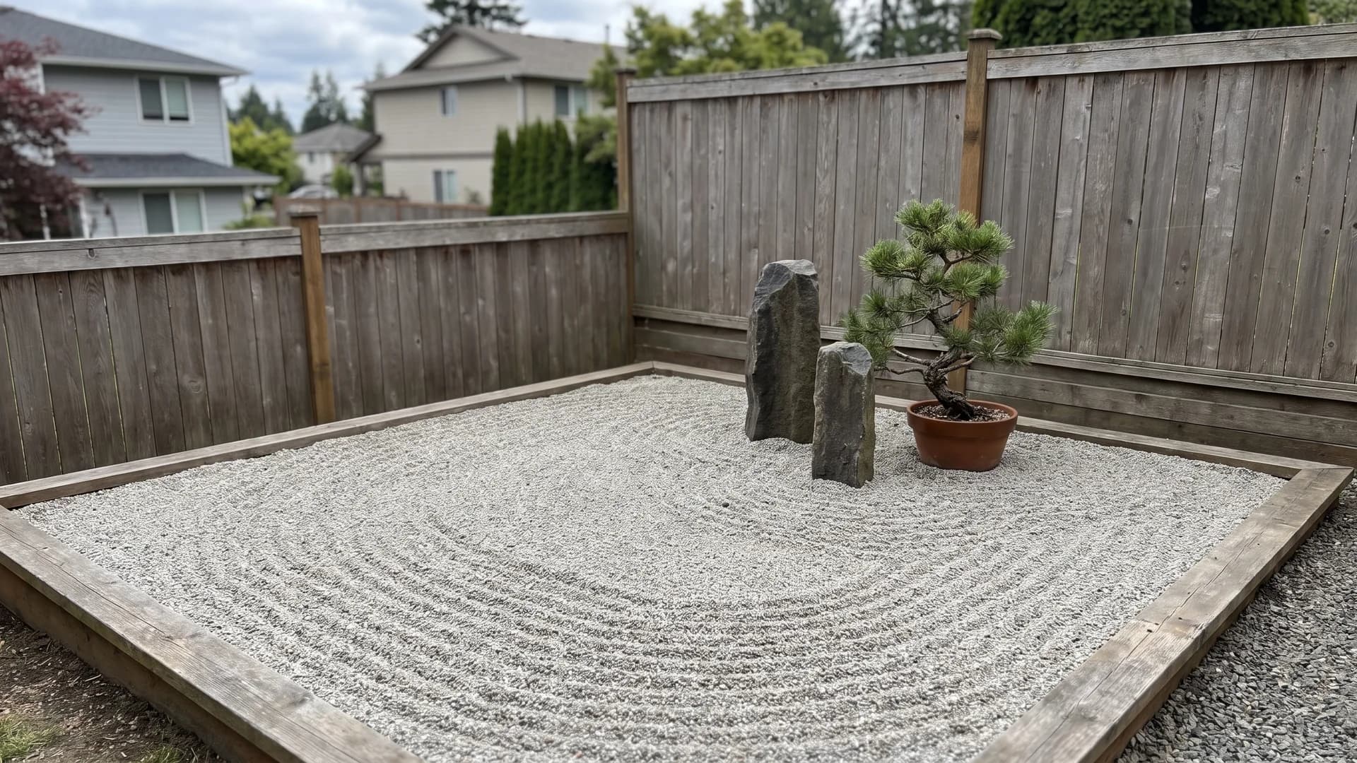 Raked gravel square with two upright stones and a dwarf pine in a garden corner