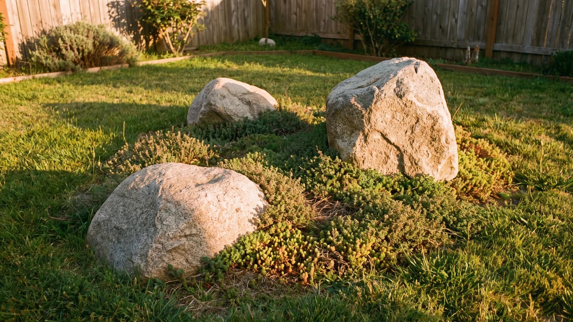 Three granite boulders grouped in a lawn with groundcover