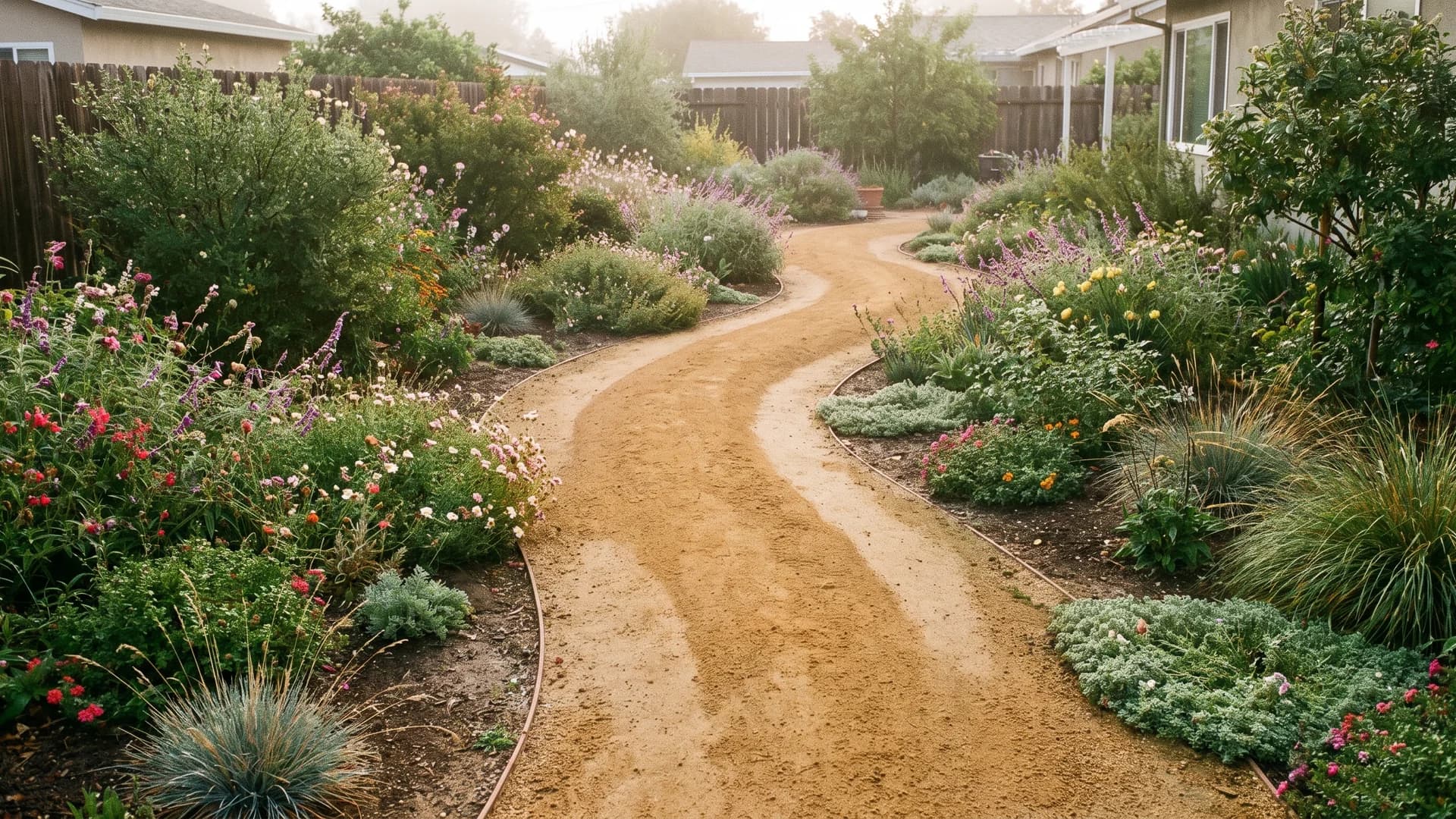Decomposed granite path curving between garden beds