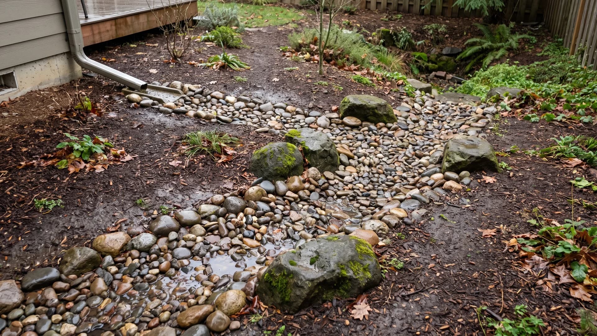 Dry creek bed of mixed river rock curving through a lawn