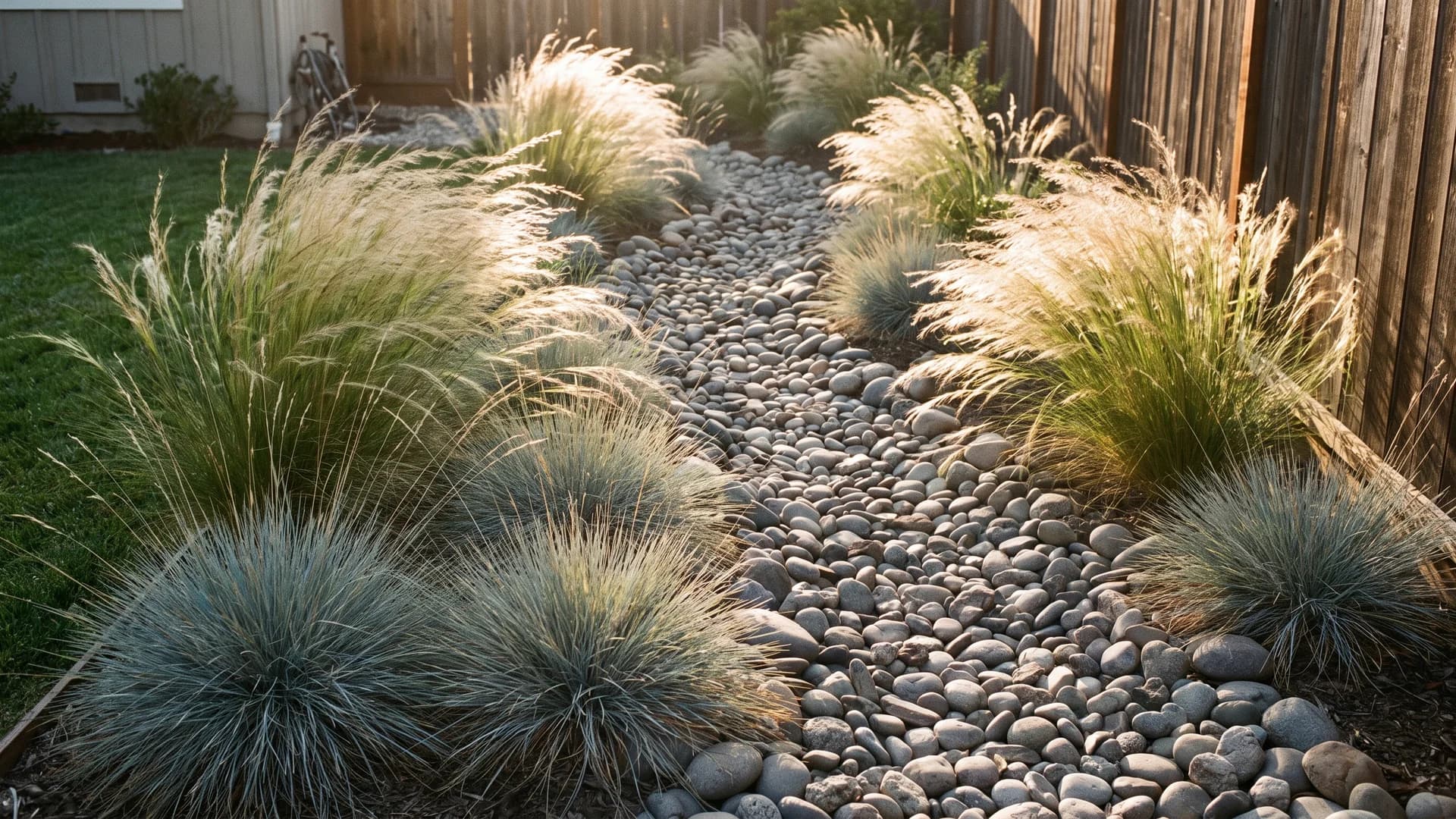Blue fescue and feather grass clumps breaking up a river rock bed