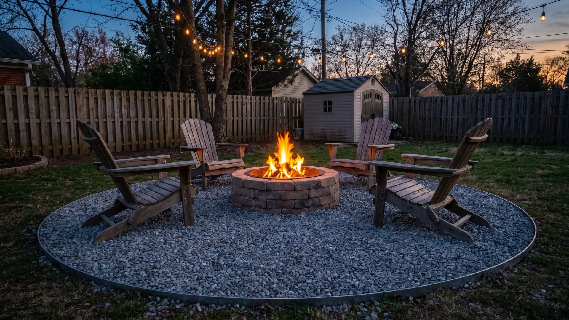 Gravel seating area around a fire pit with Adirondack chairs